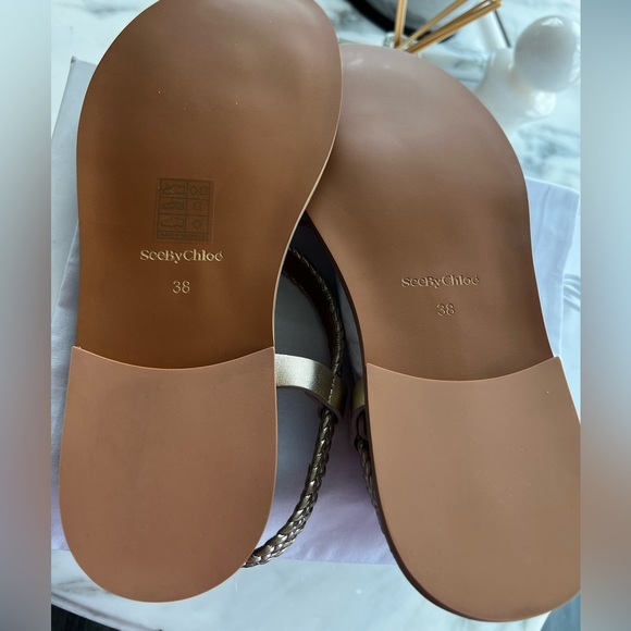 See by Chloe Nola Gold Braided Strap Thong Sandals 8 38 - Picture 3 of 5